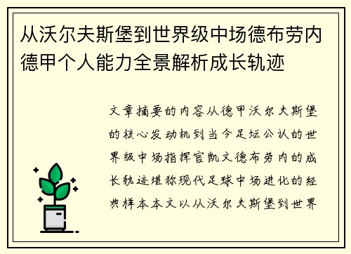 从沃尔夫斯堡到世界级中场德布劳内德甲个人能力全景解析成长轨迹